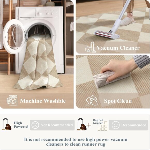 Beeiva Checkered Print Rug Runners Non Slip 2.5x8, Ultra Thin Beige Gingham - Picture 5 of 8